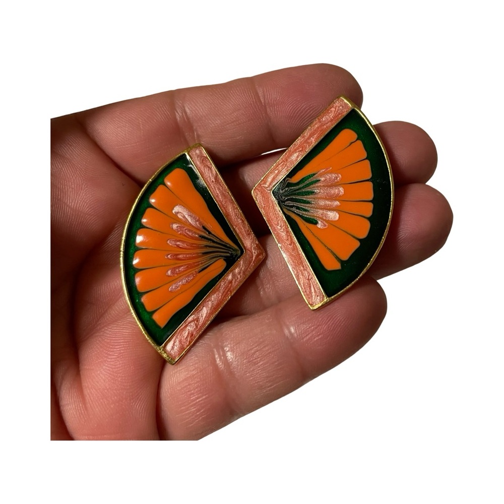 🎀 Vintage Chinoiserie Enamel Fan Earrings | 80s Retro New Wave | Clip-On 🎀